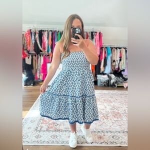 Blue and White Floral Strapless Dress